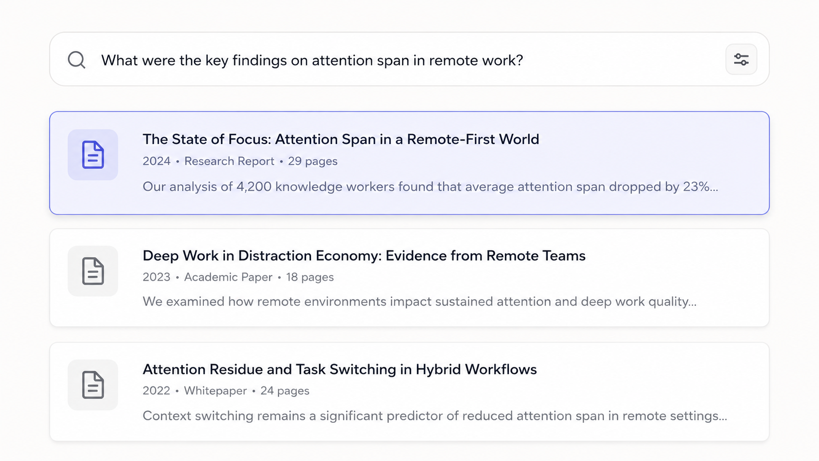 Lumen query interface showing a research question answered across multiple sources